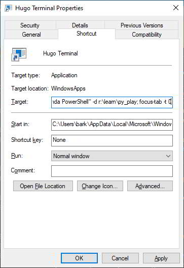 shortcut properties showing a portion of the modified 'Target:' value