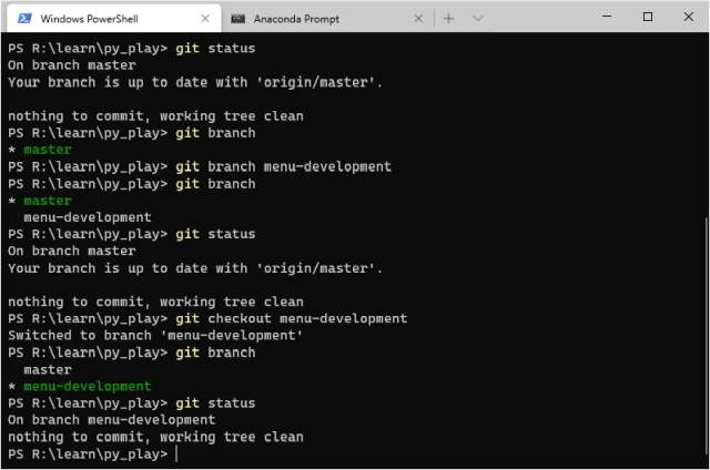 image of terminal window showing creation of new branch