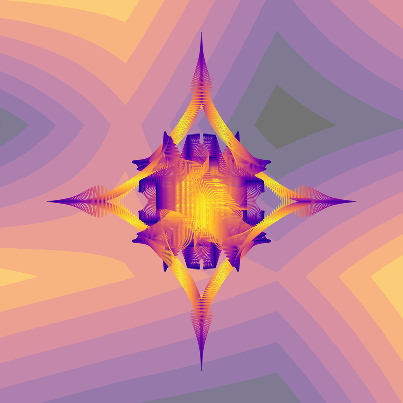 image of curve generated using the spirograph script over blotchy colour background using a custom qualitative colourmap