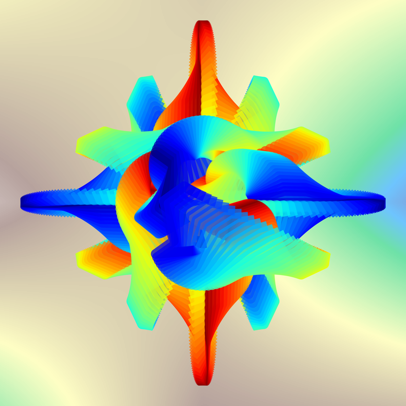 image of plot generated using the spirograph script but with blotchy colour background, background colourmap differs from curve colourmap