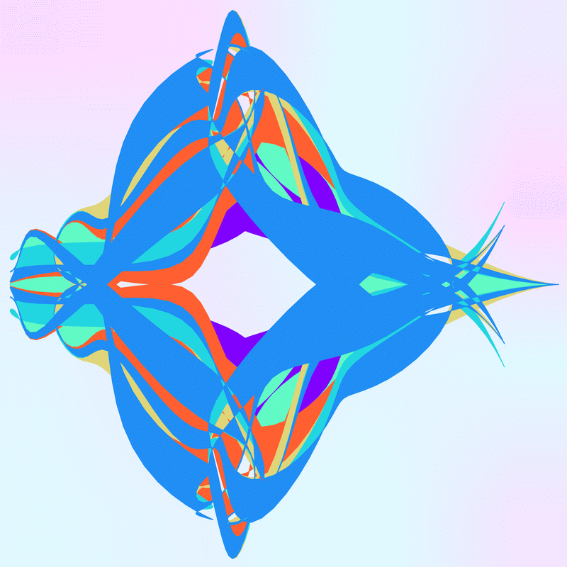 gnarly spirograph images generated with matplotlib fill_between(), with variations between which rows the colouring occurs
