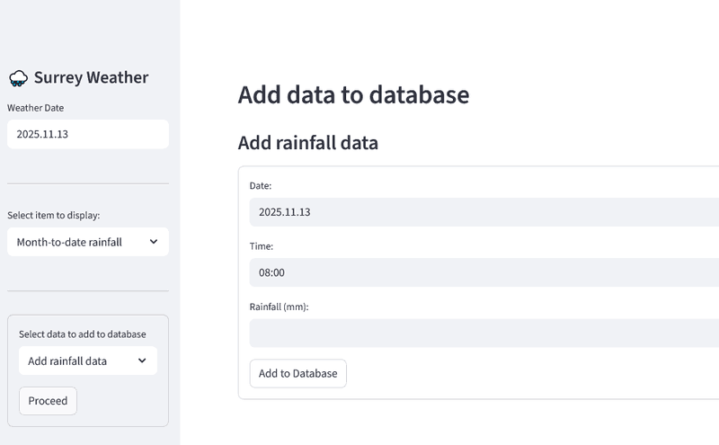 image of the initial of the form to update the rainfall data in the database